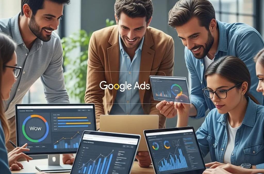 Diverse professionals collaborating on Google Ads strategies in a modern office