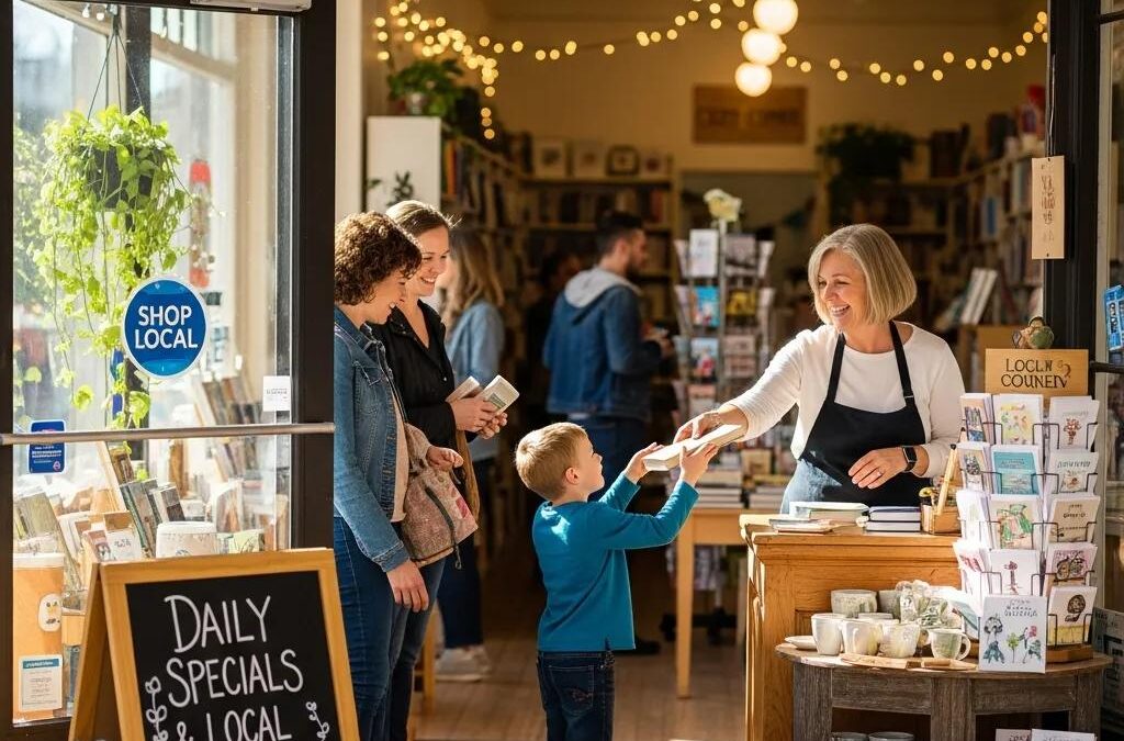 Local business owner engaging with customers, emphasizing community and visibility in local SEO