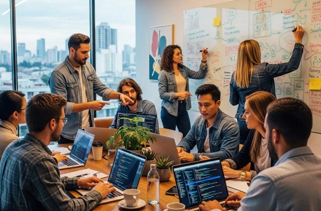 Team of web developers collaborating in a modern office setting