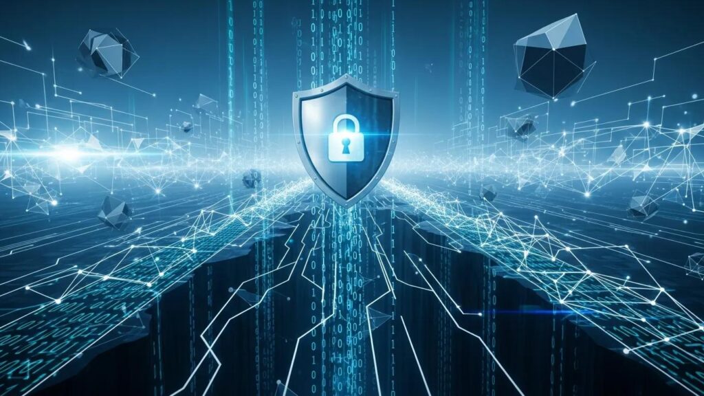 Digital landscape showcasing cybersecurity elements like a shield and lock, emphasizing website security threats