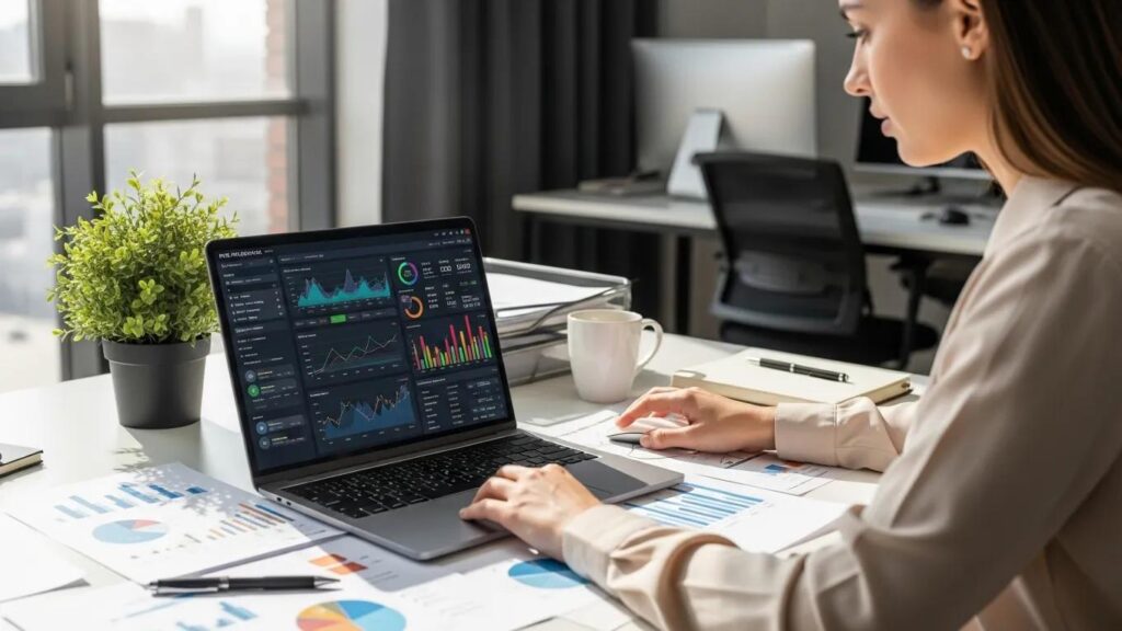 Digital marketing professional analyzing PPC campaign data in a modern office