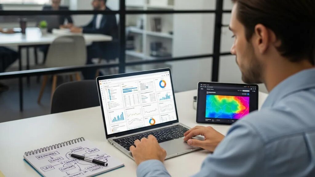Digital marketing professional analyzing SEO data on a laptop in a modern office