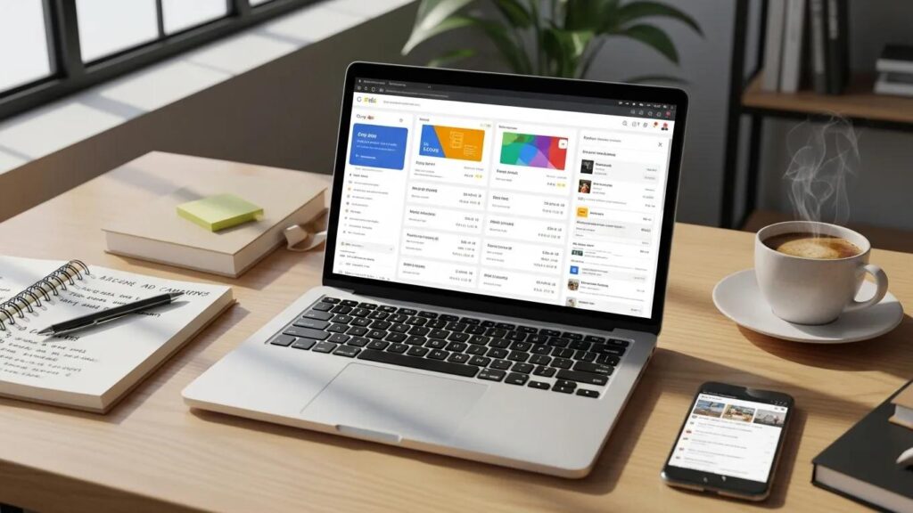 Digital marketing workspace with laptop showing Google Ads interface and marketing tools