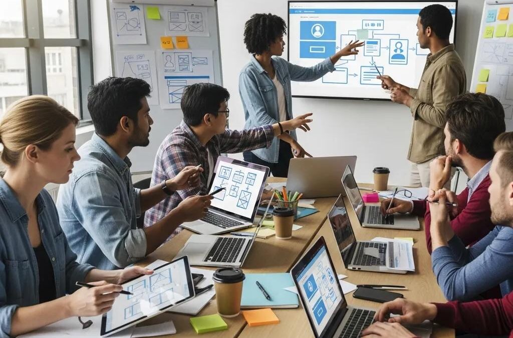 Diverse group collaborating on user experience design in a modern workspace
