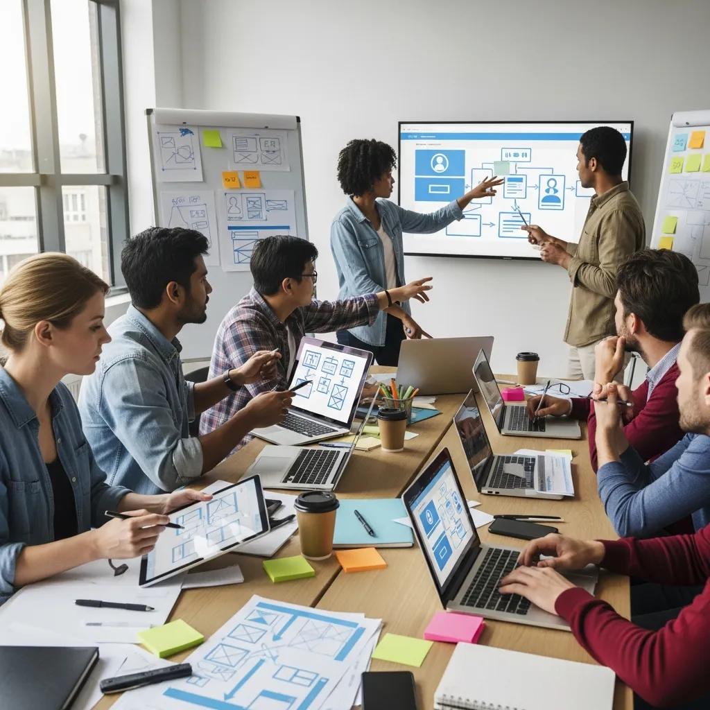 Diverse group collaborating on user experience design in a modern workspace