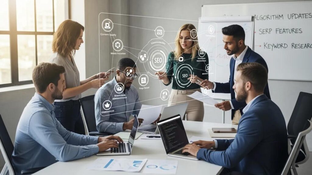 Diverse professionals collaborating on SEO strategies in a modern workspace