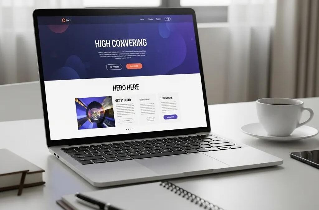 Modern laptop displaying a high-converting landing page design with vibrant colors and clear call-to-action