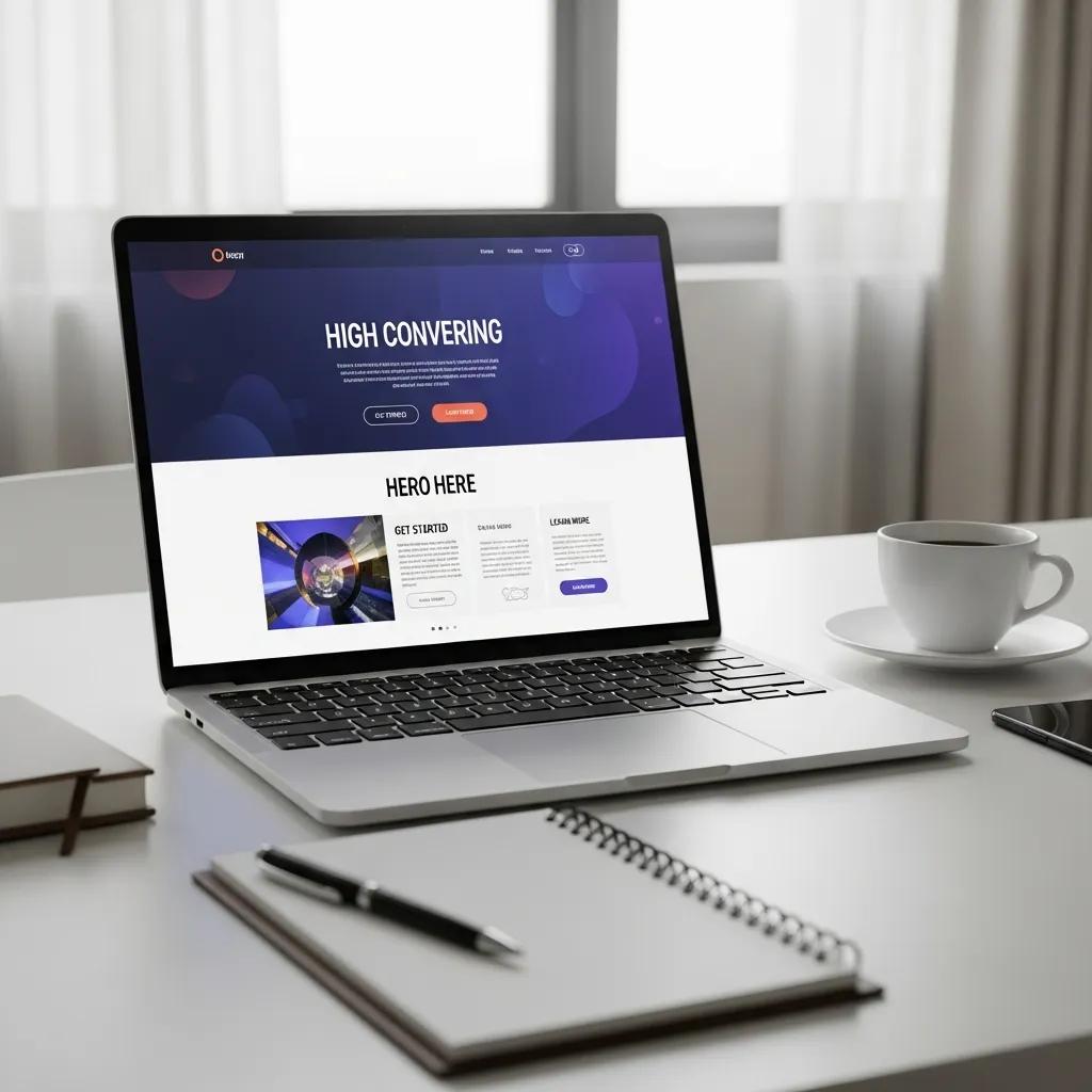 Modern laptop displaying a high-converting landing page design with vibrant colors and clear call-to-action