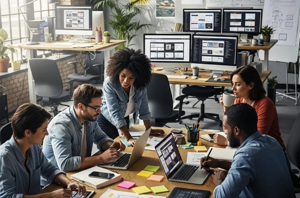 Modern web design agency team collaborating on a project