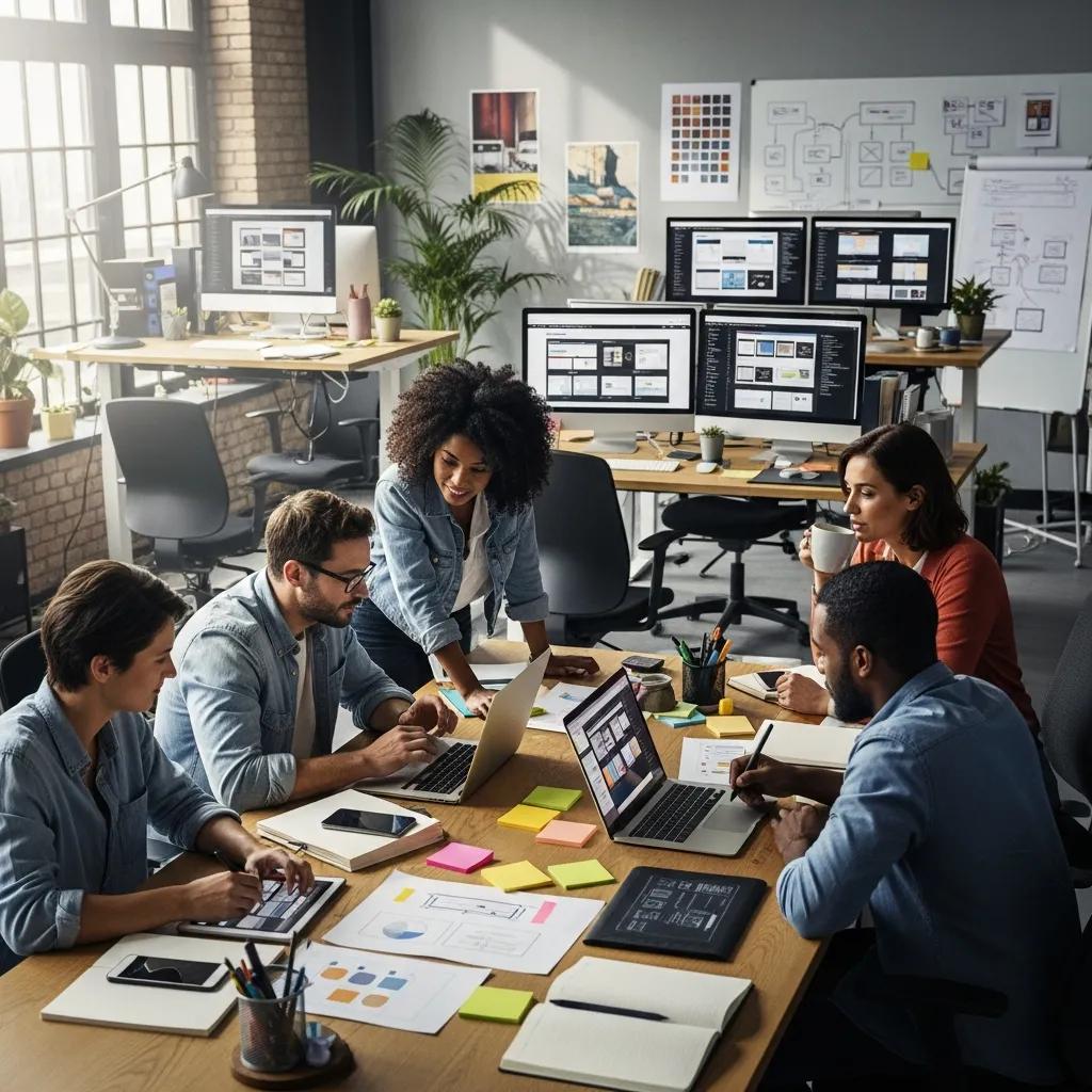 Modern web design agency team collaborating on a project