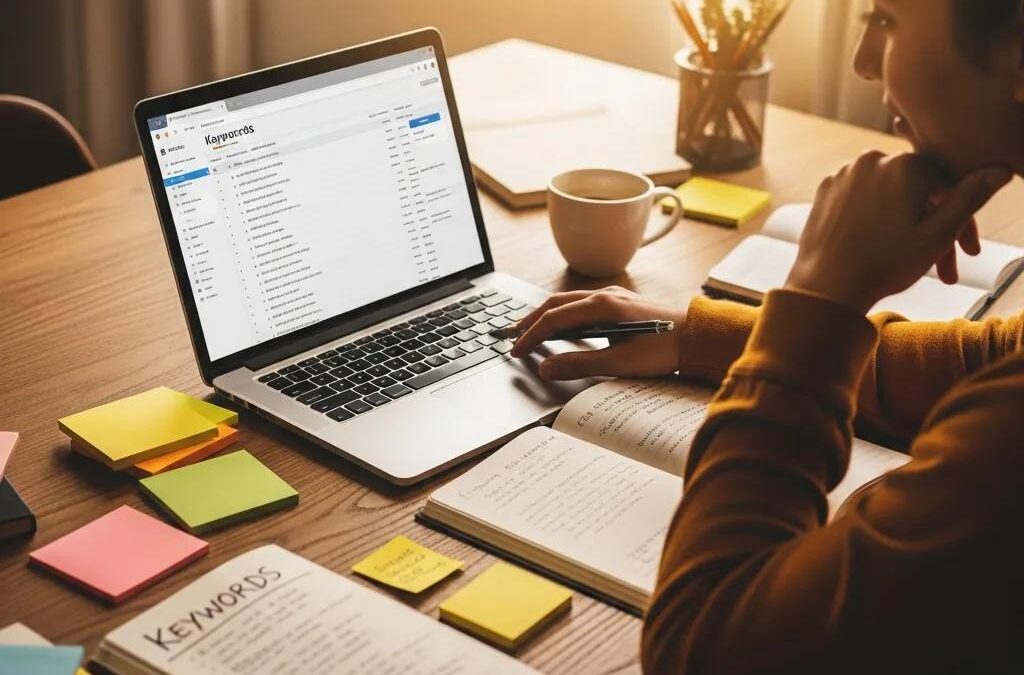 Person conducting keyword research on a laptop in a cozy office setting