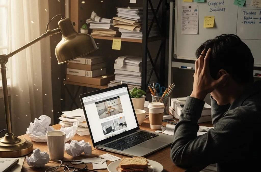 Person frustrated with cheap website builder costs at a cluttered desk