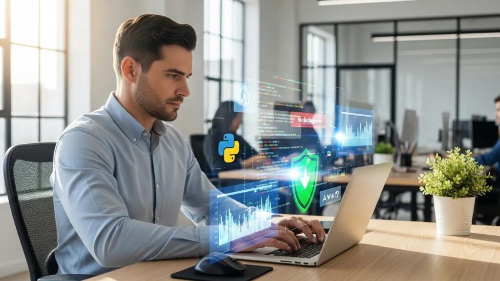 Professional working on website maintenance in a modern office setting