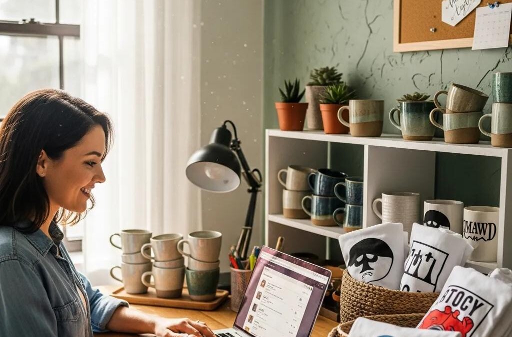 Small business owner managing an online store on a laptop in a cozy workspace