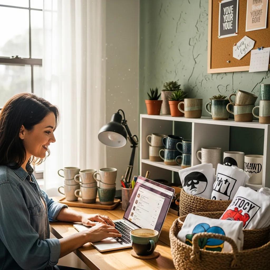 Small business owner managing an online store on a laptop in a cozy workspace