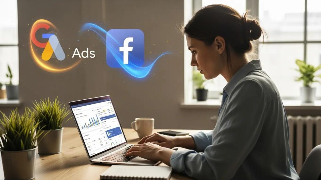 Small business owner reviewing Google Ads and Facebook Ads strategies on a laptop in a modern workspace