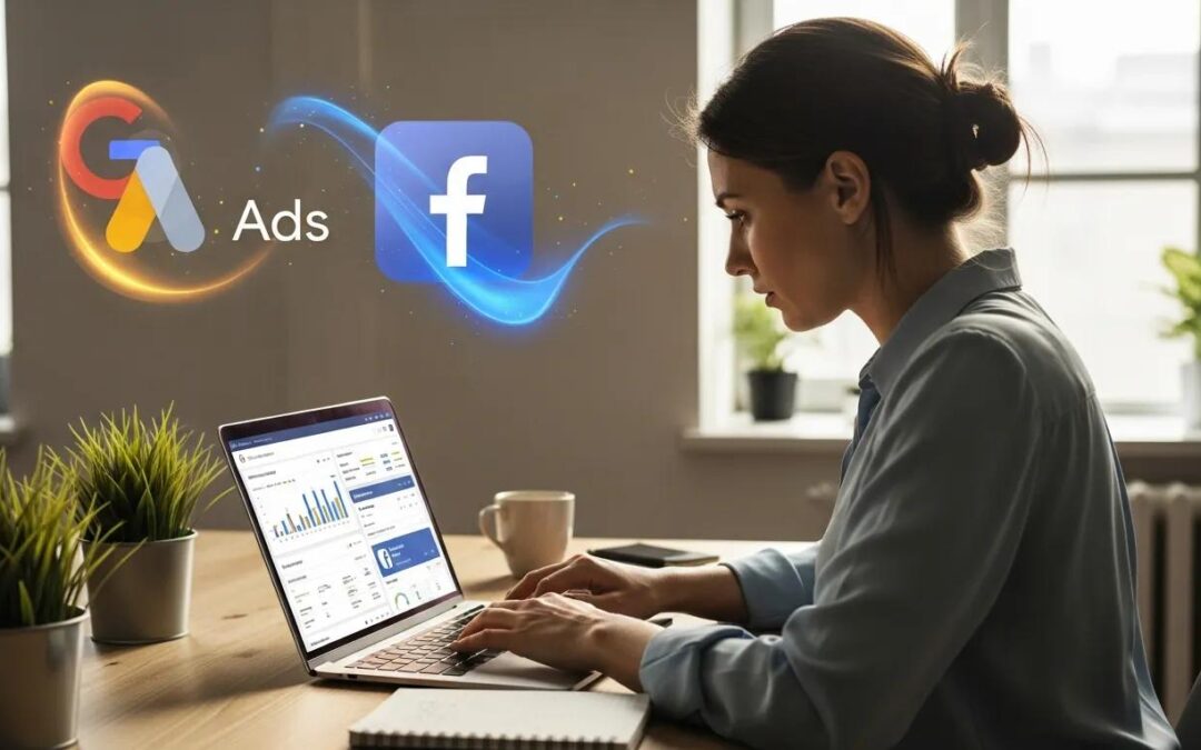 Small business owner reviewing Google Ads and Facebook Ads strategies on a laptop in a modern workspace