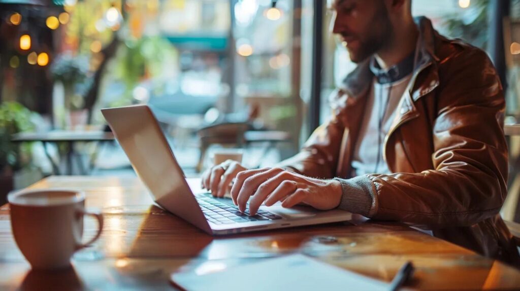 Small business owner working on a laptop in a café, representing WordPress for small businesses