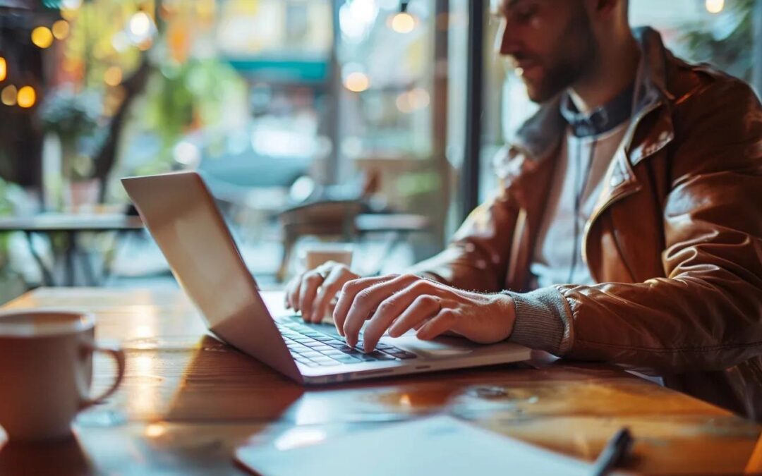 Small business owner working on a laptop in a café, representing WordPress for small businesses