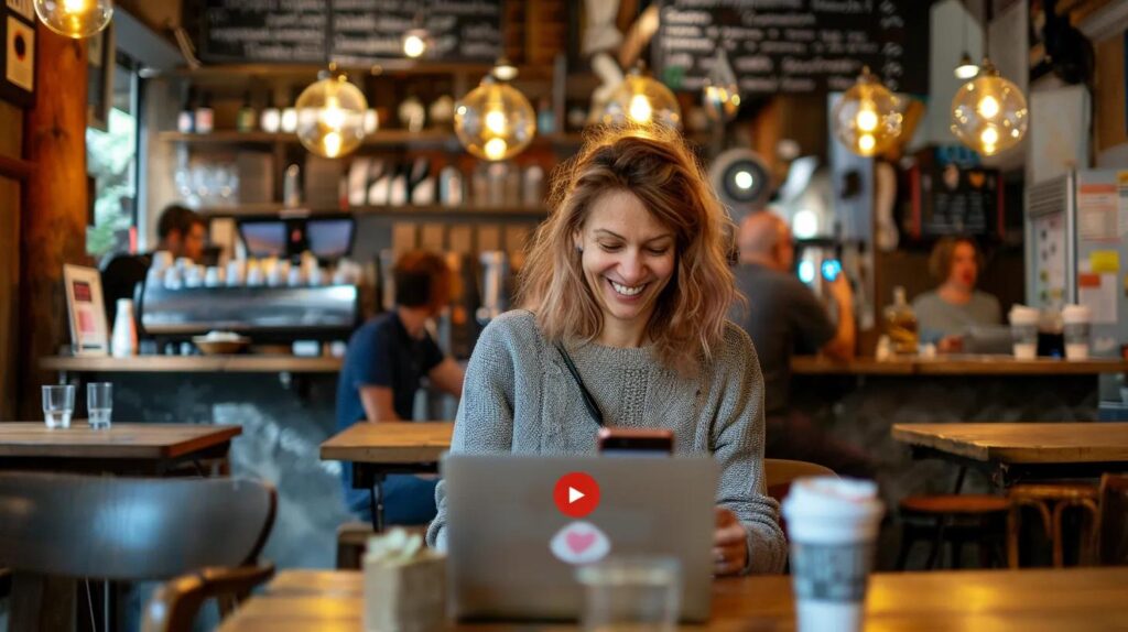 Small business owner engaging with customers on social media in a cozy café setting