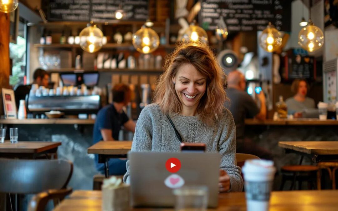 Small business owner engaging with customers on social media in a cozy café setting