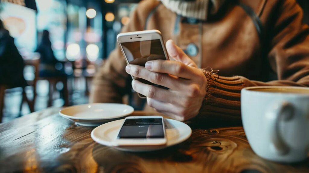 User browsing a responsive website on a smartphone in a casual setting, emphasizing mobile optimization