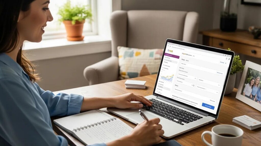 Business owner optimizing Google My Business profile on a laptop