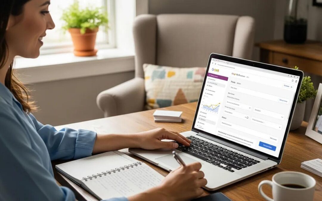 Business owner optimizing Google My Business profile on a laptop