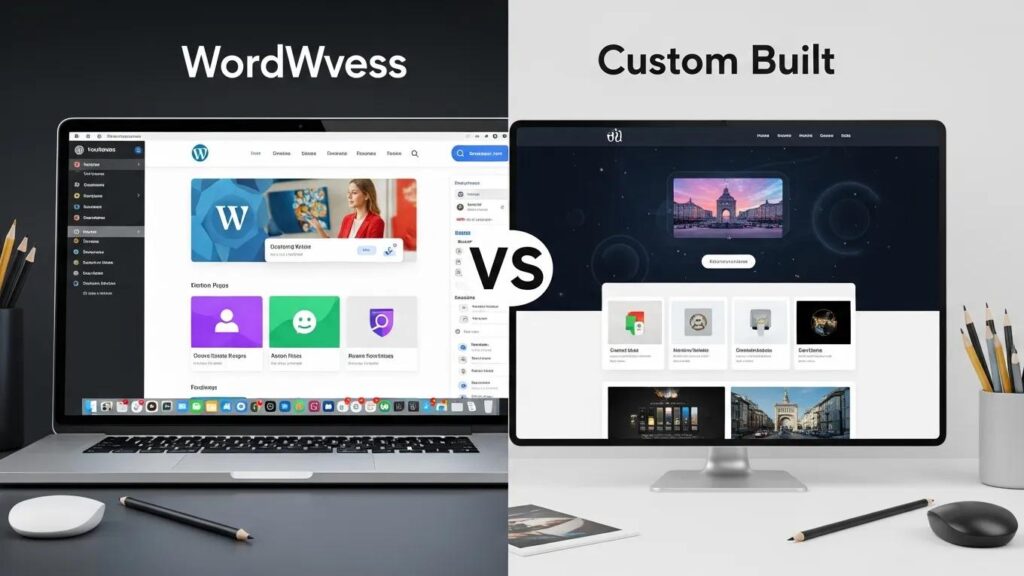 Comparison of WordPress and custom website designs showcasing user-friendly and tailored features