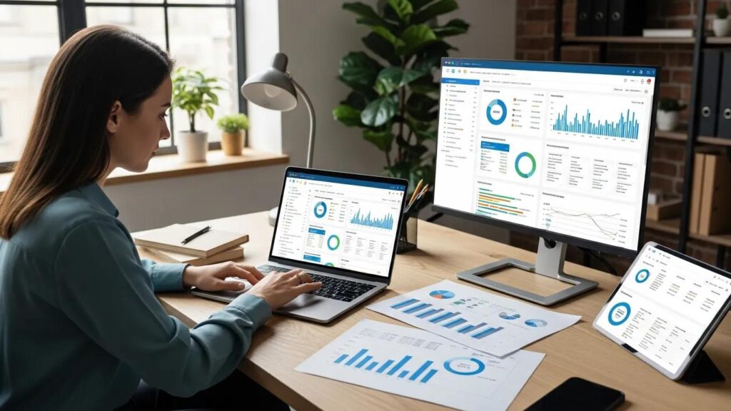 Digital marketing professional analyzing PPC advertising data in a modern office