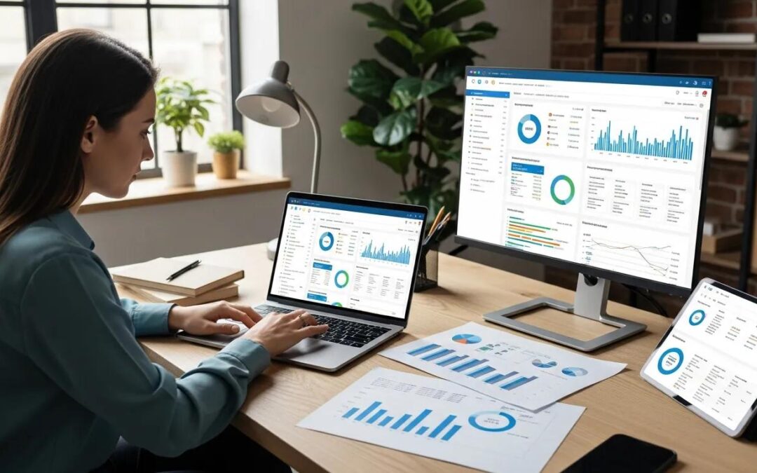 Digital marketing professional analyzing PPC advertising data in a modern office