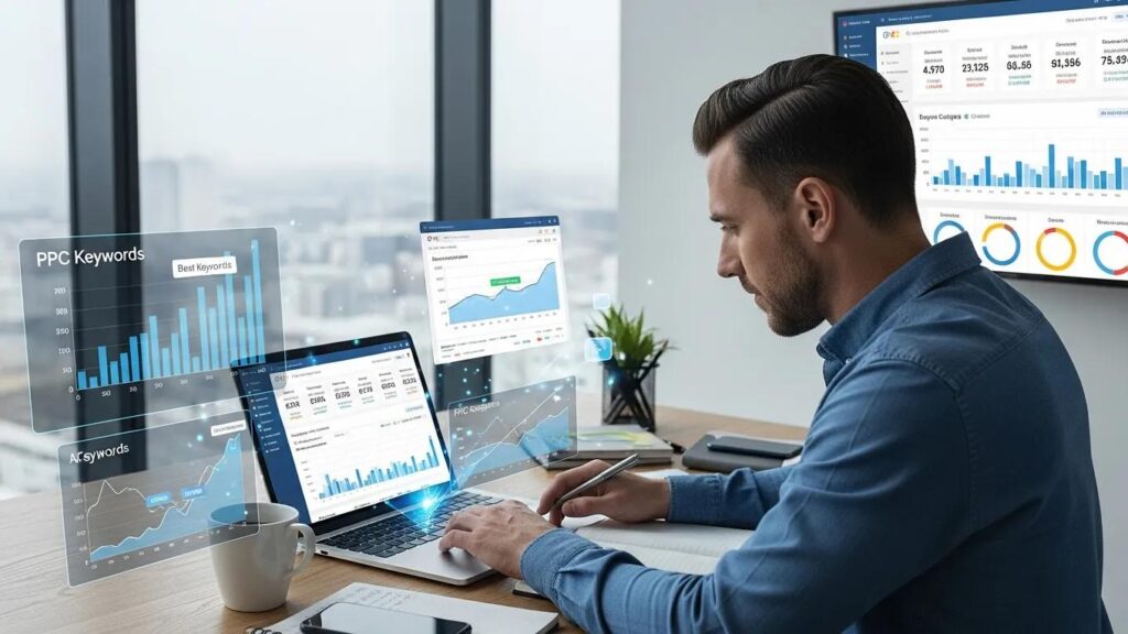 Digital marketing professional analyzing PPC campaign data in a modern office
