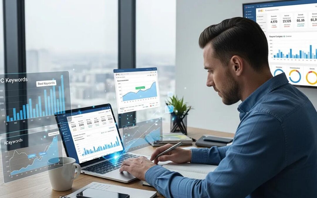 Digital marketing professional analyzing PPC campaign data in a modern office