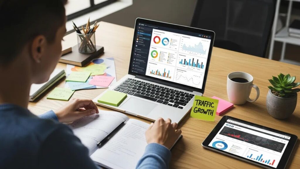 Digital marketing professional analyzing SEO and PPC strategies in a modern workspace