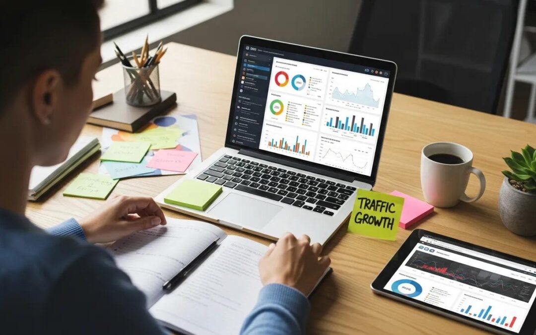 Digital marketing professional analyzing SEO and PPC strategies in a modern workspace