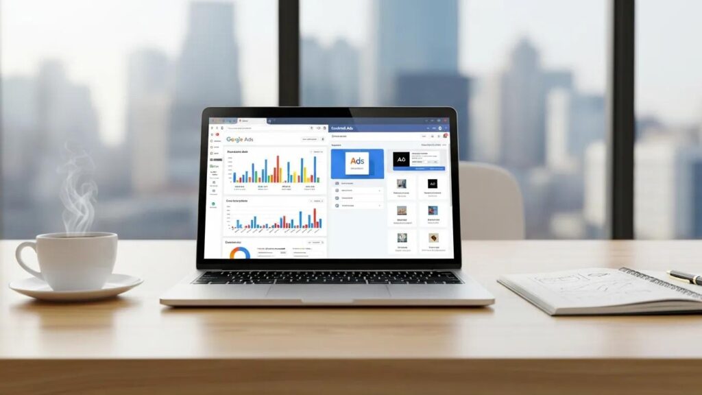 Digital marketing scene with Google Ads and Facebook Ads interfaces on a laptop in a modern office