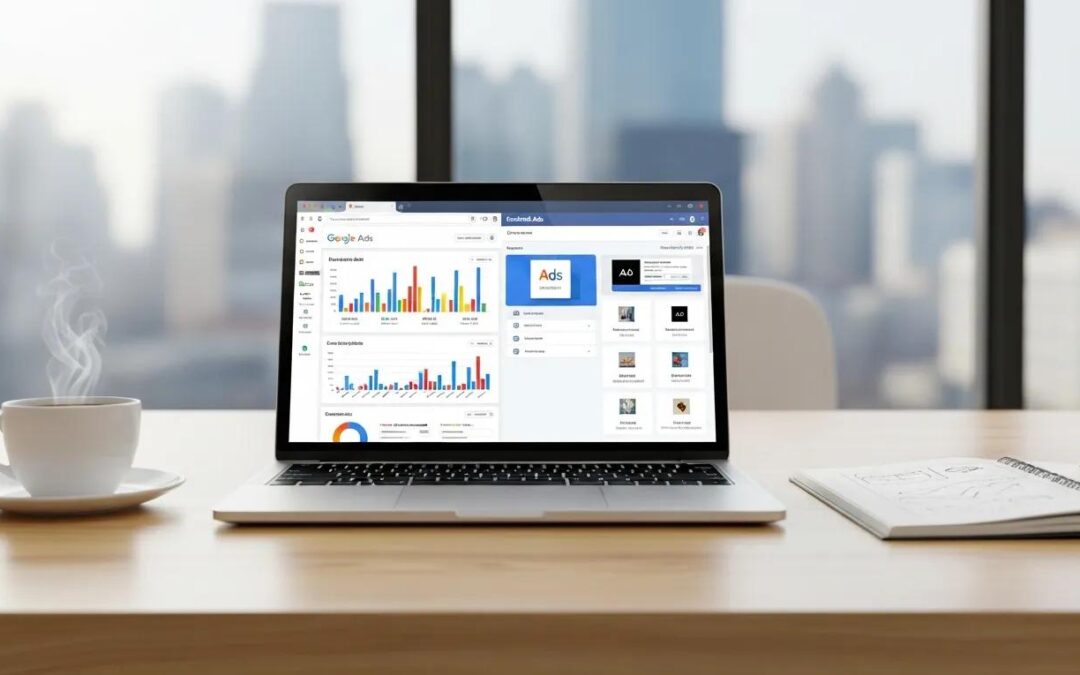 Digital marketing scene with Google Ads and Facebook Ads interfaces on a laptop in a modern office