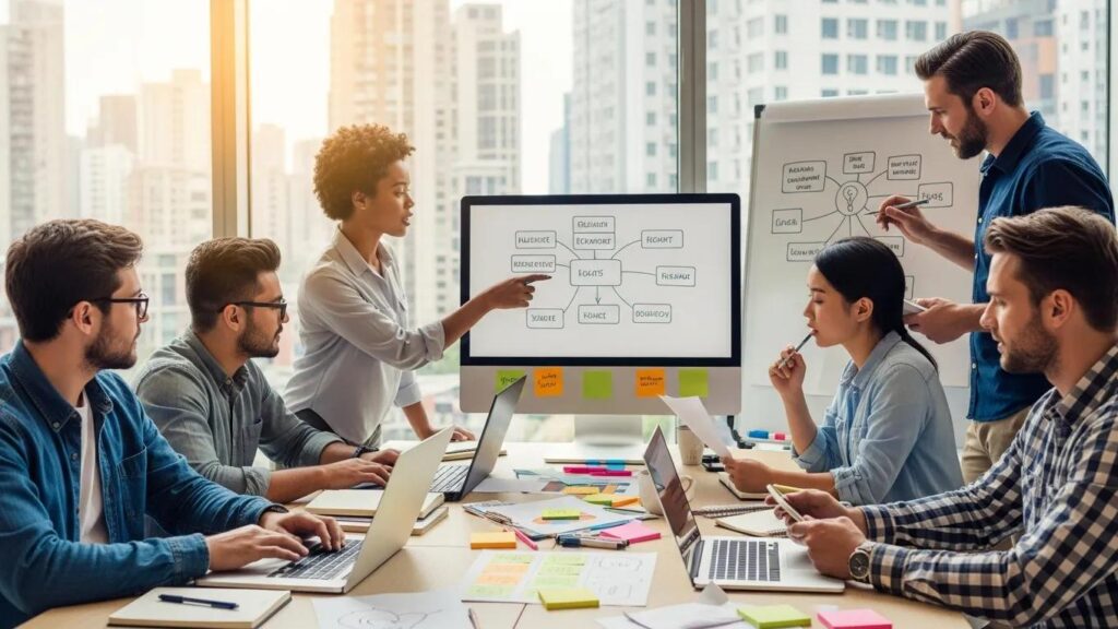 Diverse professionals collaborating on a content marketing strategy in a creative workspace