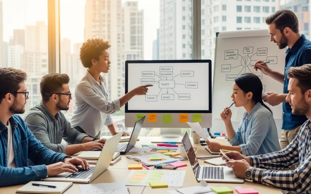 Diverse professionals collaborating on a content marketing strategy in a creative workspace