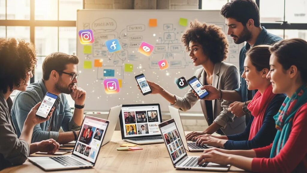 Diverse small business owners collaborating on social media marketing strategies with laptops and smartphones