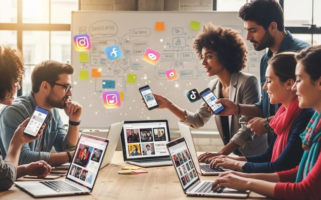 Diverse small business owners collaborating on social media marketing strategies with laptops and smartphones