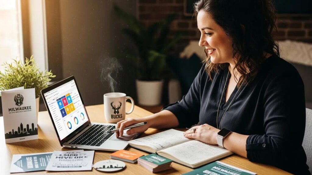 Milwaukee small business owner engaged in digital marketing strategies with a laptop and marketing materials
