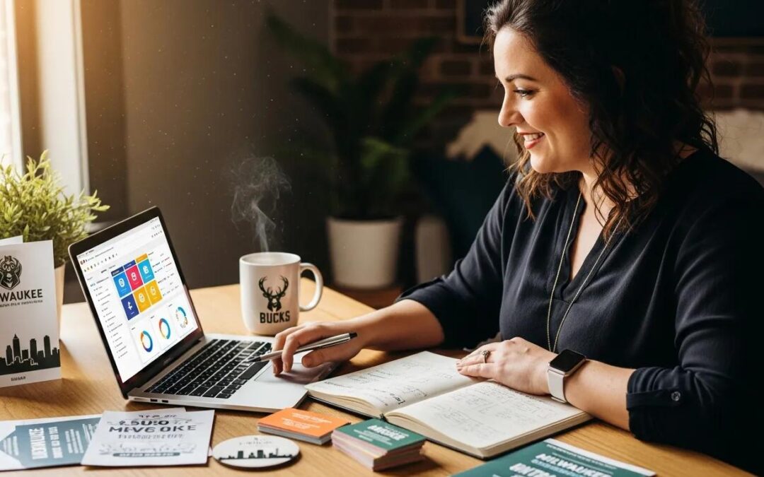 Milwaukee small business owner engaged in digital marketing strategies with a laptop and marketing materials
