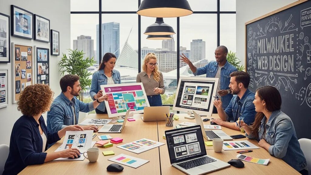 Modern web design agency workspace in Milwaukee with a diverse team collaborating