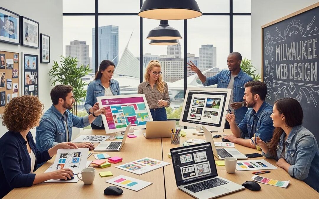Modern web design agency workspace in Milwaukee with a diverse team collaborating