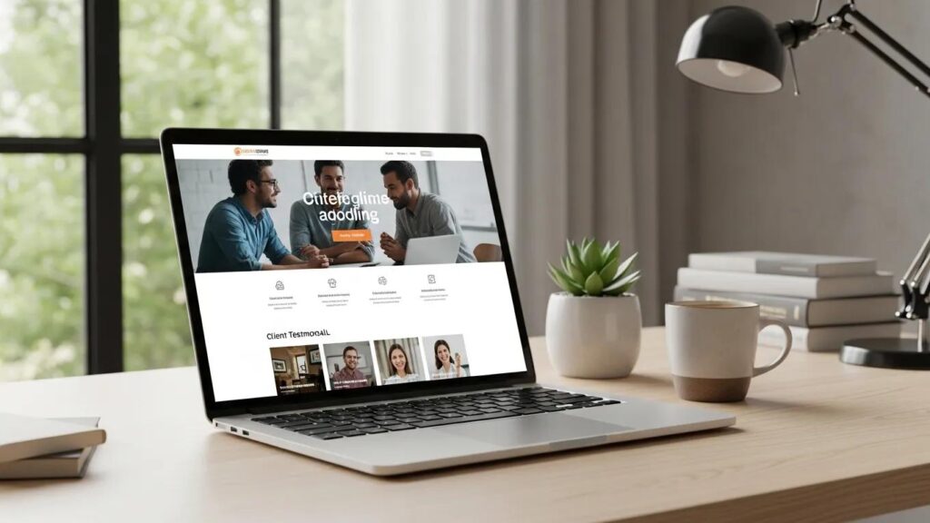 Modern website design displayed on a laptop in a bright workspace
