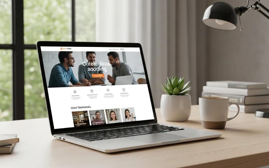 Modern website design displayed on a laptop in a bright workspace