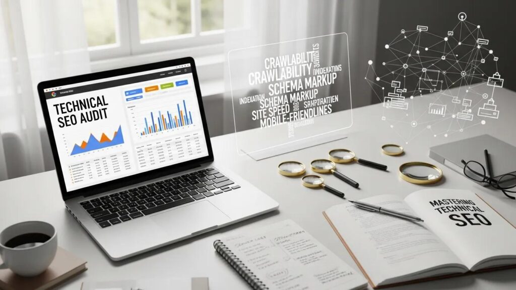 Modern workspace with laptop showing website analytics, symbolizing Technical SEO
