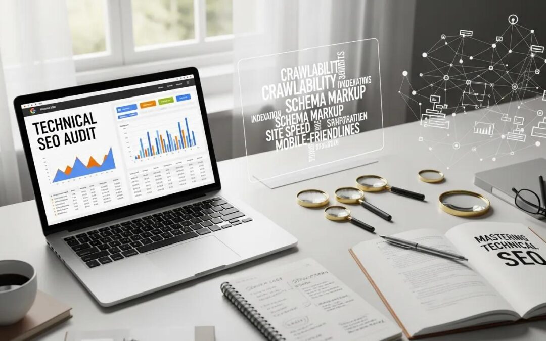 Modern workspace with laptop showing website analytics, symbolizing Technical SEO