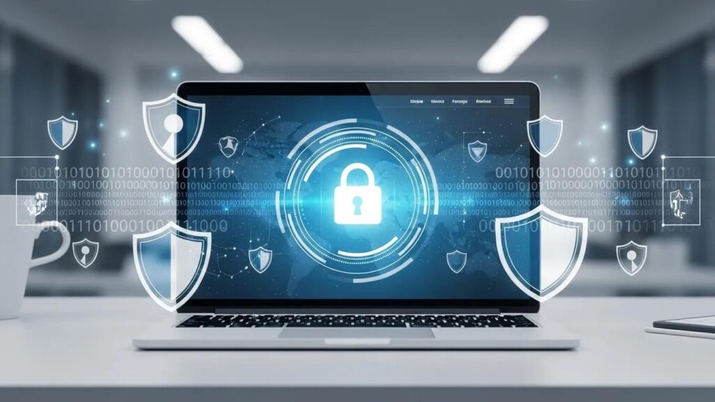 Secure website environment with a laptop displaying a lock symbol, emphasizing website security importance